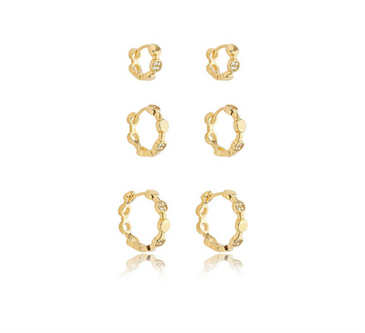 Brinco Trio Argolinhas Lisas e Cravejadas Dourado