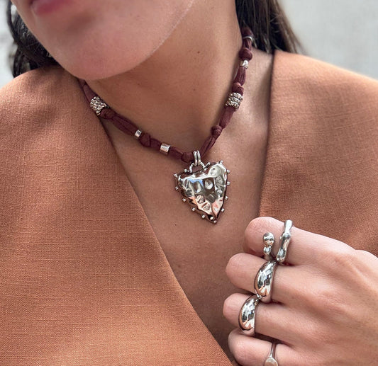 Colar Heart Nômade Marrom Prata