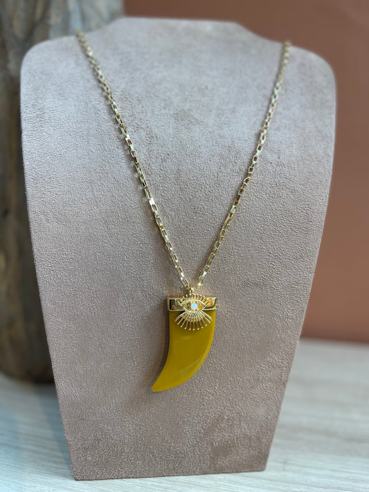 Colar Longo Pingente Dente Com Olho Grego Caramelo