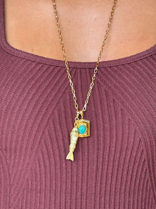 Colar Longo Peixe Com Turquesa