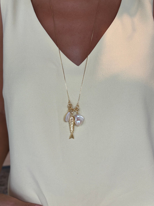 Colar Longo Peixe Com Pérolas