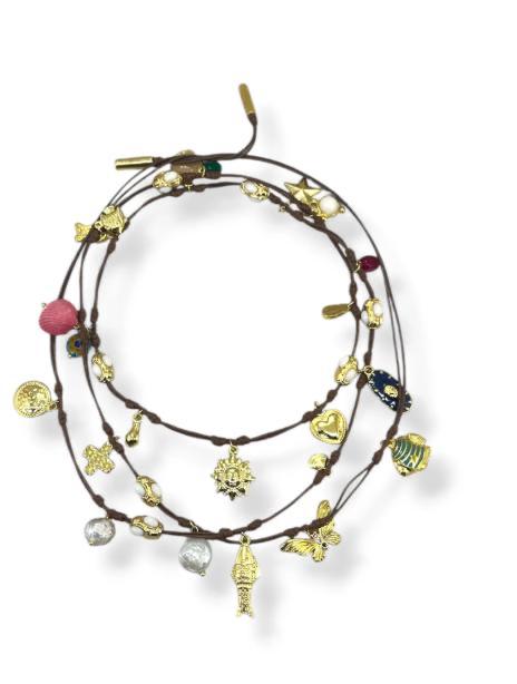 Colar Duas Voltas Multi Pingentes Couro