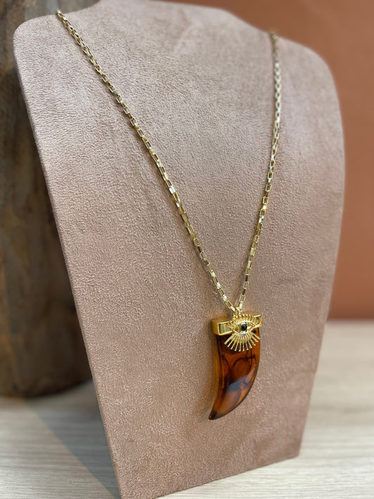 Colar Longo Pingente Dente Com Olho Grego Tartaruga