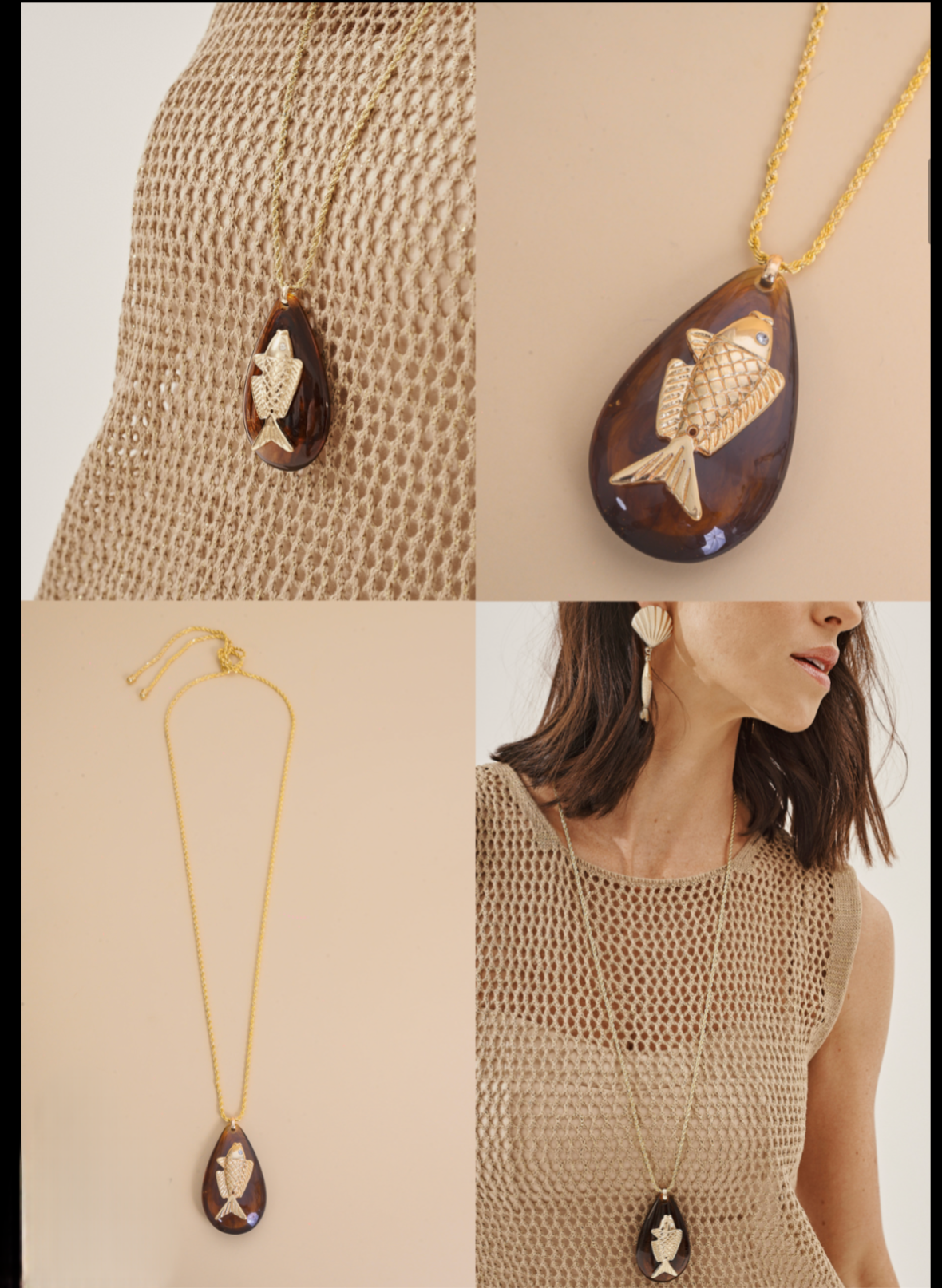 Colar Longo Resina Oval Marrom Com Peixe