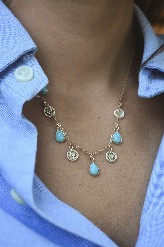 Colar Gotinhas Turquesas E Moedas