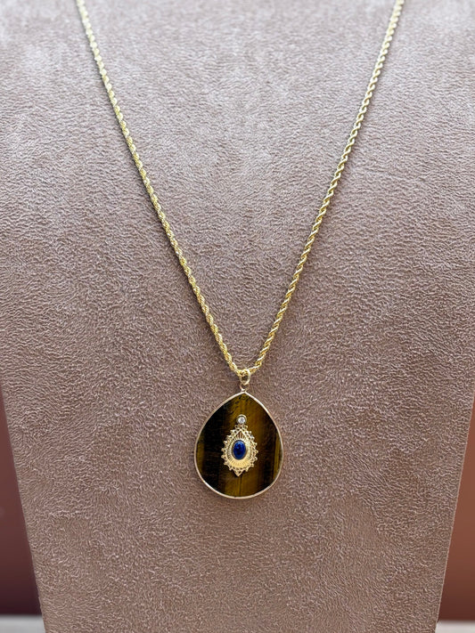 Colar Longo La Isla Pingente Gota Olho De Tigre