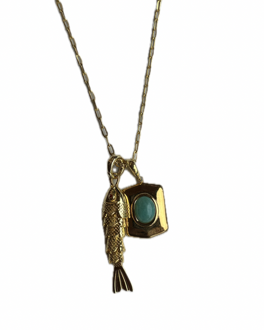 Colar Longo Peixe Com Turquesa