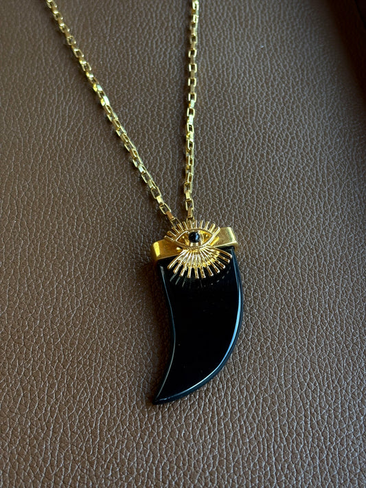 Colar Longo Pingente Dente Com Olho Grego Preto