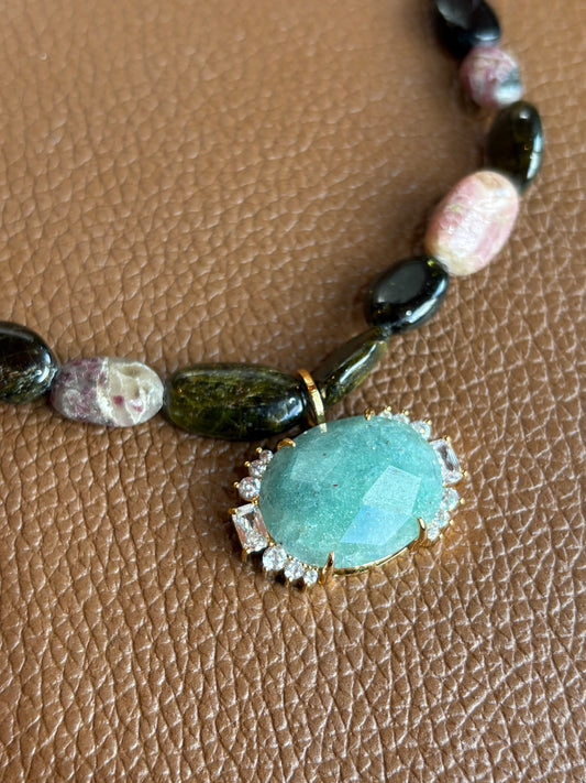 Colar Serene Turmalina Melancia com Aventurina Verde