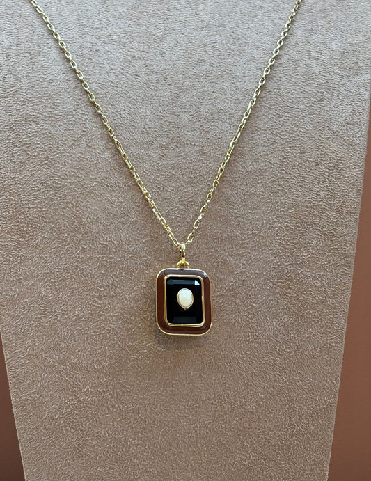 Colar Longo Corrente/Couro Marrrom Pingente Quadrado Resina