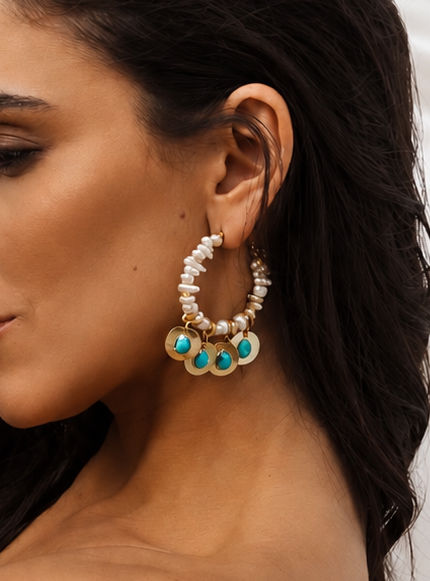 Brinco Argola Pérolas Com Turquesa