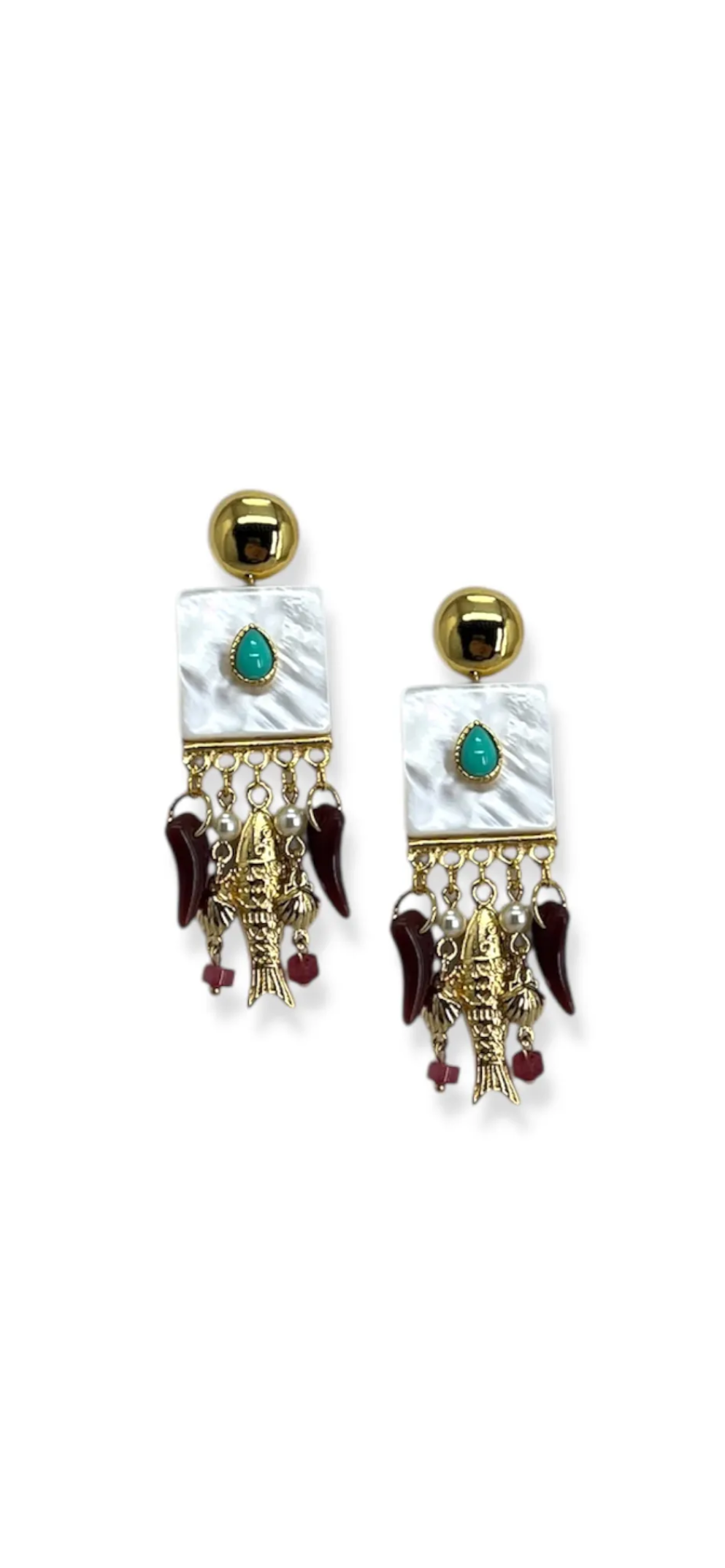 Brinco Square Madrepérola Turquesa Com Pingentes