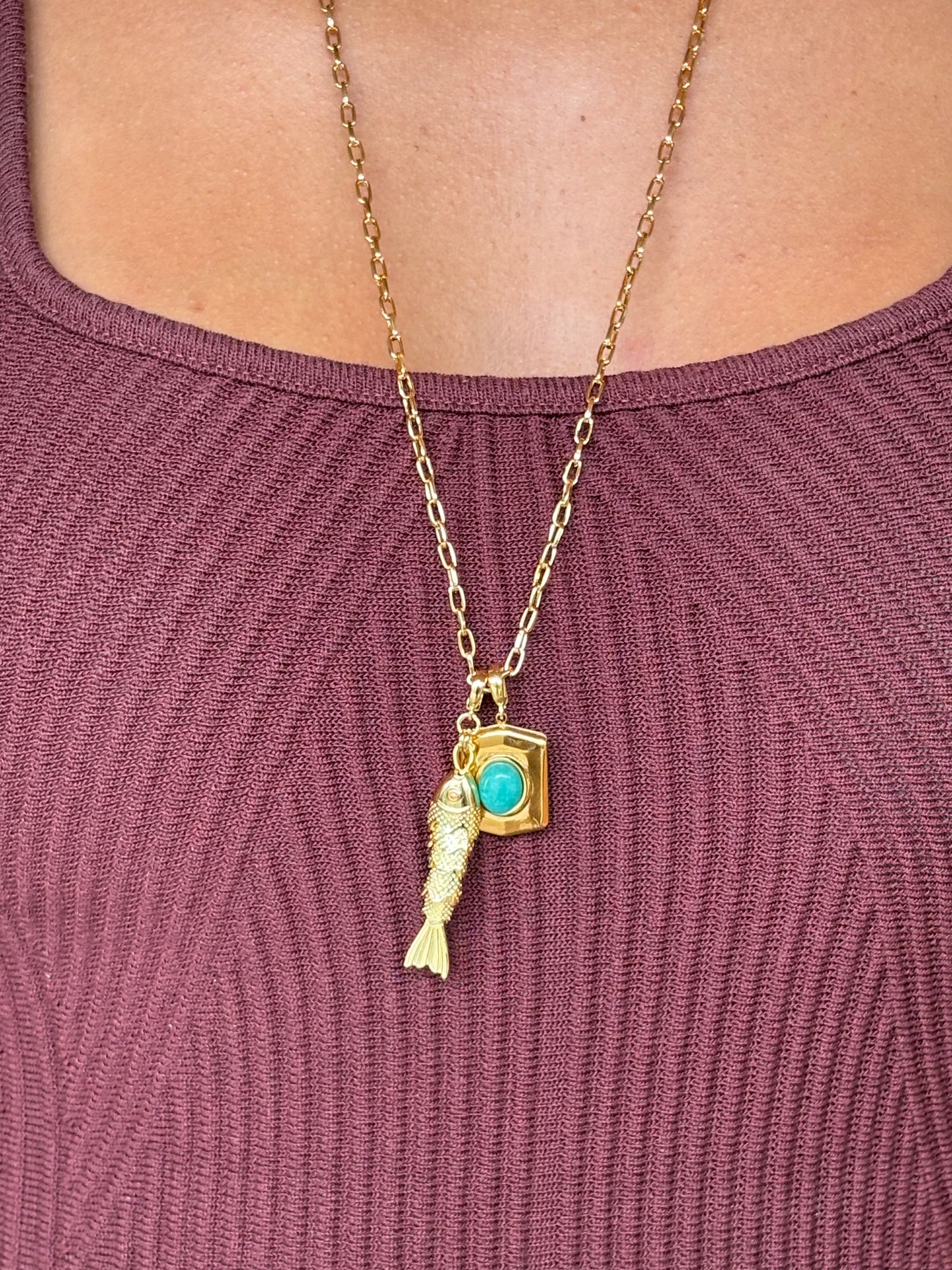 Colar Longo Peixe Com Turquesa