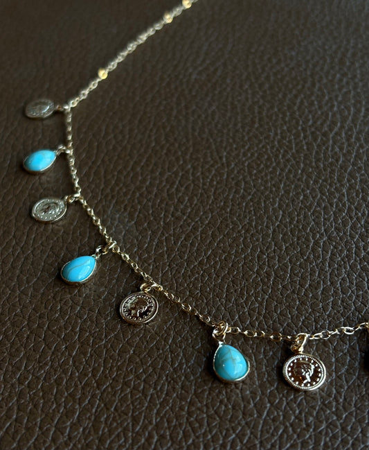 Colar Gotinhas Turquesas E Moedas
