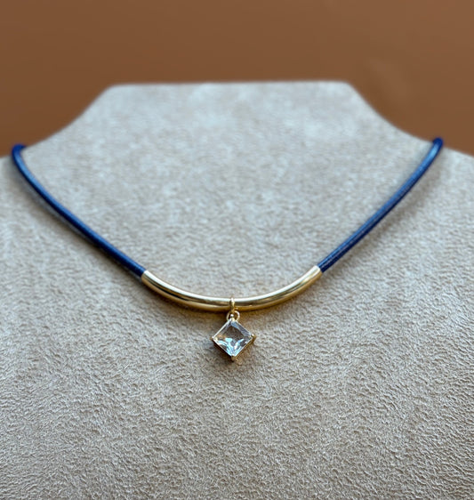 Colar Corda Marinho Pingente Quadrado Cristal