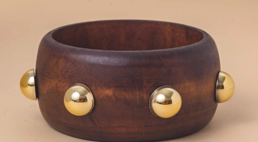 Bracelete Madeira Bolas Douradas