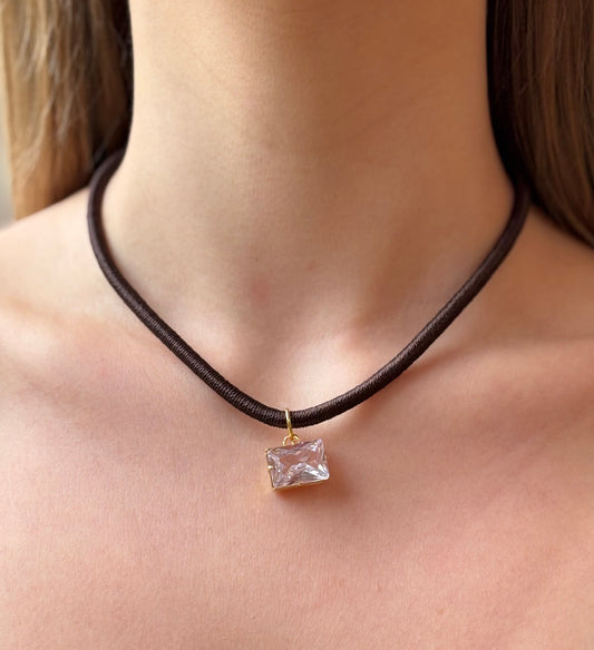 Choker Serene Couro Marrom Cristal Mini