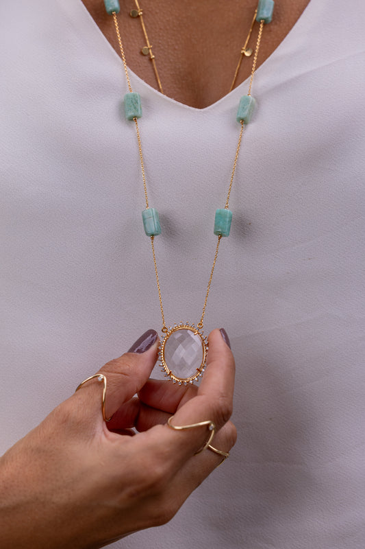 Colar Longo Amazonita Com Cristal